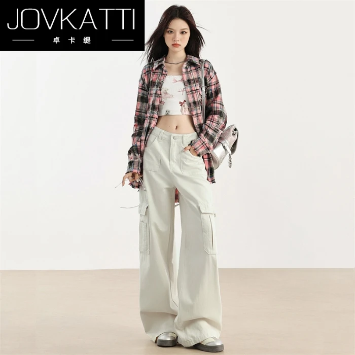 卓卡缇巧克力色宽松版型工装裤女多口袋设计休闲风格春秋款