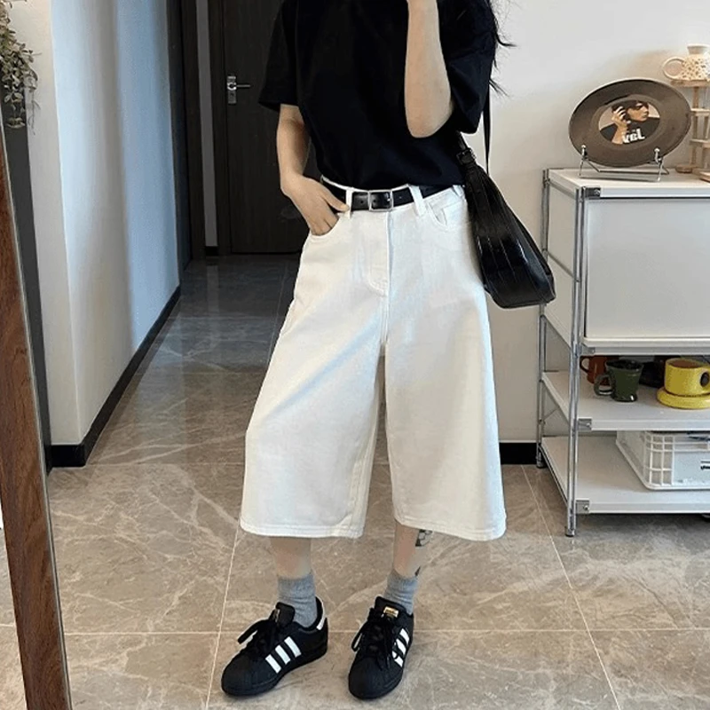 白色直筒七分牛仔短裤女2025新款韩版高腰宽松休闲垂感阔腿中裤子