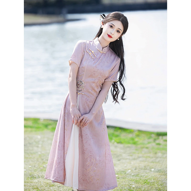 气质复古显瘦修身时尚中国风夏季裙子 粉色香玉夏季新款成人