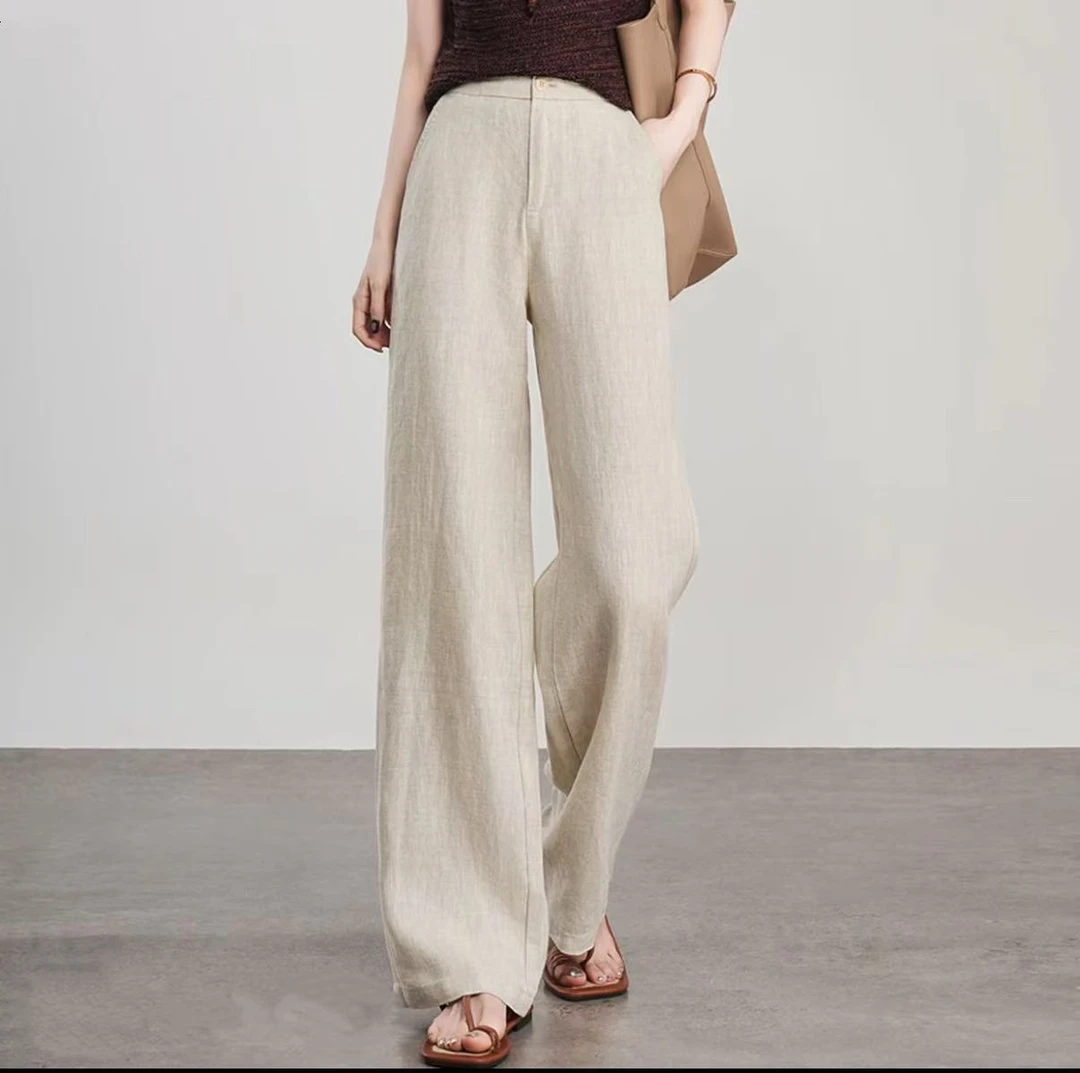 新品斜纹亚麻简约阔腿裤女休闲西装裤25春夏2649