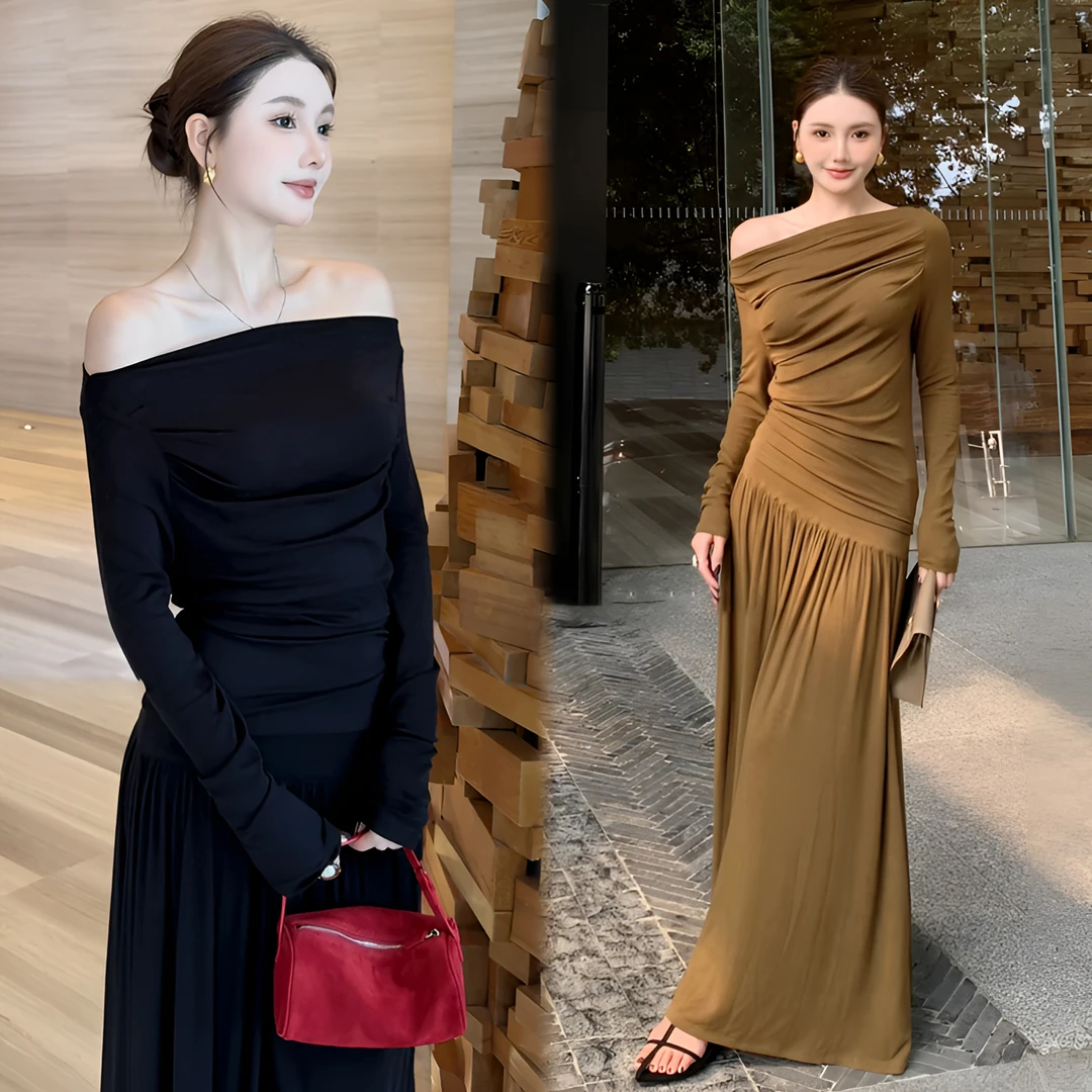 2025秋季时尚新款百搭显瘦修身褶皱长袖T恤轻熟氛围感裙两件套女