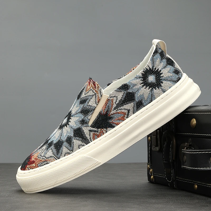 透气百搭休闲男鞋手工波西米亚民族风潮流男薄款一脚蹬帆布鞋