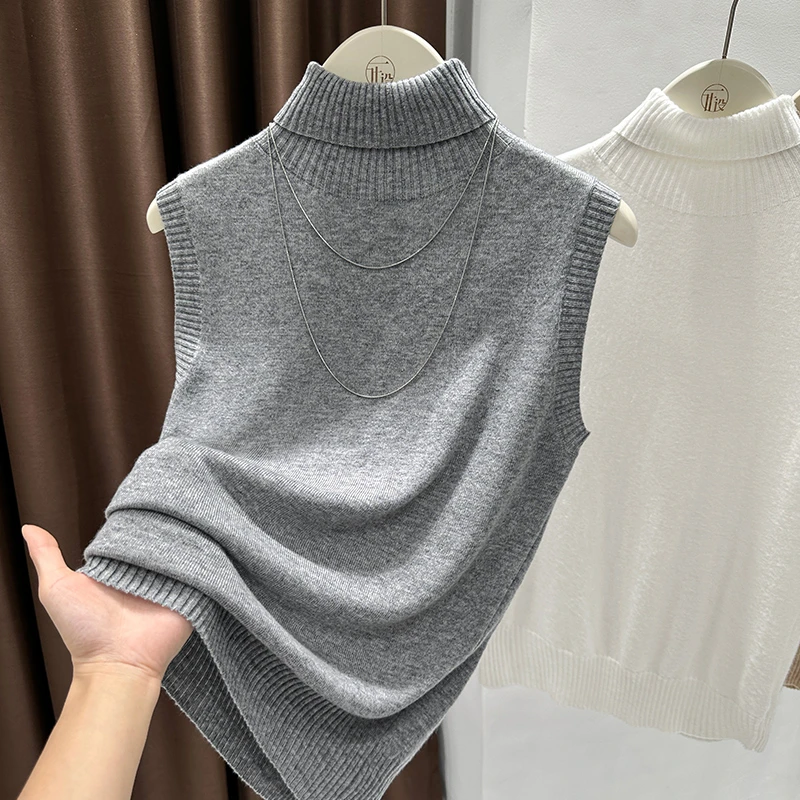 堆堆领设计洋气针织衫上衣女灰色百搭无袖背心秋季内搭爆款打底衫