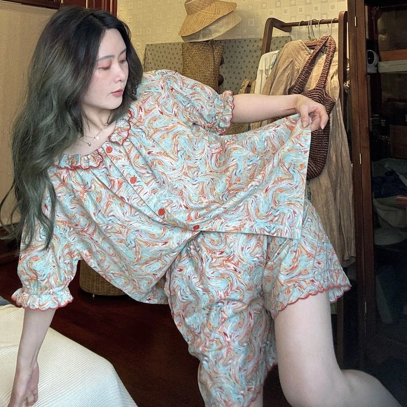 100%纯棉睡衣女夏季2025新款碎花复古家居服套装宽松休闲