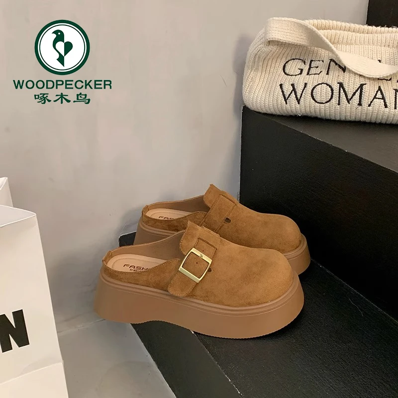 啄木鸟松糕厚底勃肯鞋包头半拖鞋女外穿2025新款春秋一脚蹬勃肯鞋