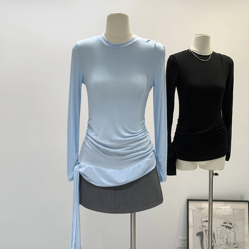 【部分现】辣妹中长款修身抽褶系带长袖打底衫女2025新款T恤250173