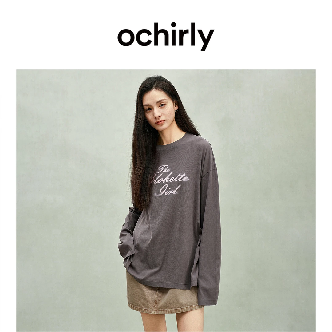OCHIRLY欧时力 轻薄纯棉印花长袖T恤女后开衩上衣春秋季2025新品