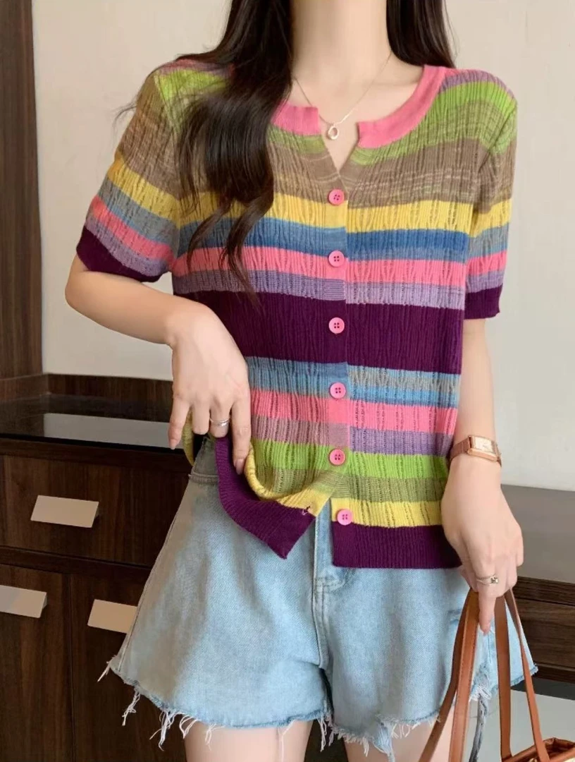 彩虹条冰丝短袖针织开衫女显瘦减龄上衣A33