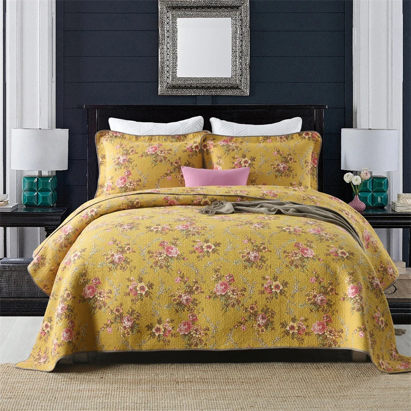 【新品】96%纯棉60支平纹绗缝三件套夹棉床盖几何图案居家通用