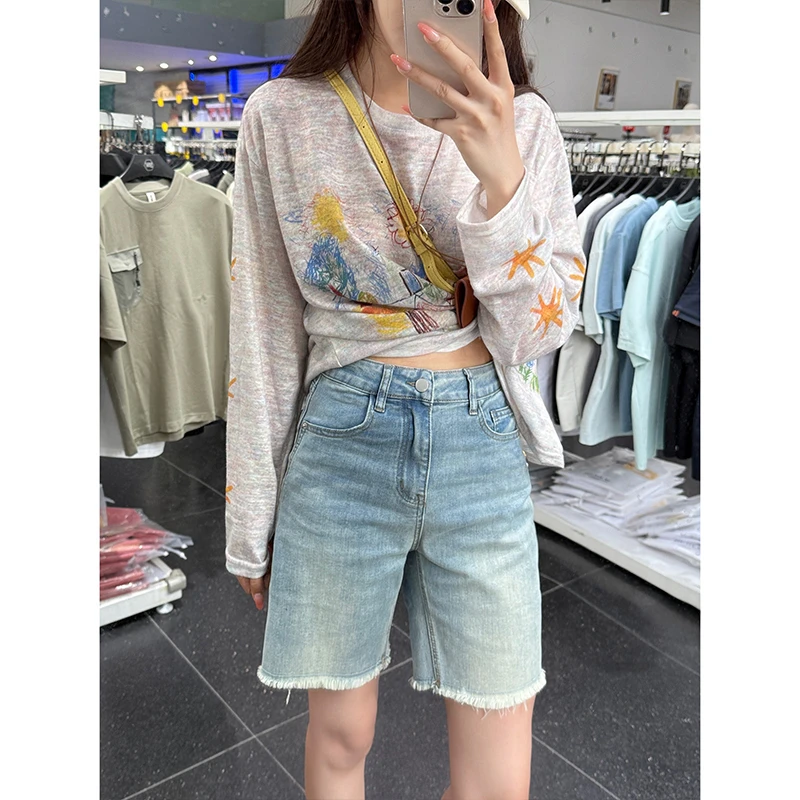 蓝色毛边五分牛仔裤女2025年秋季新款高腰休闲通勤百搭显瘦短裤