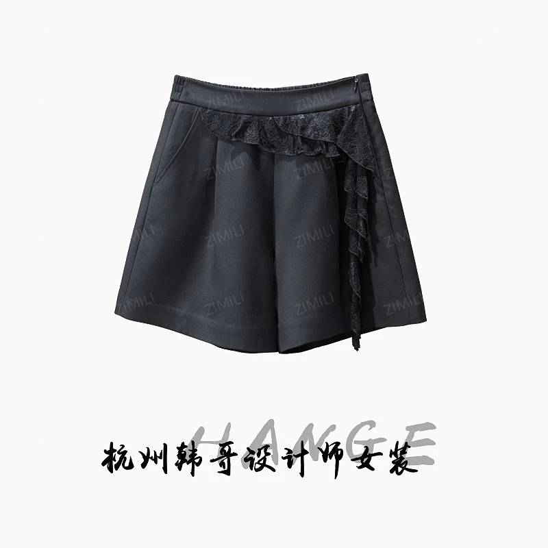 【韩哥女装】2025欧版星耀黑松紧拼贴蕾丝休闲高克重短裤9782-H3