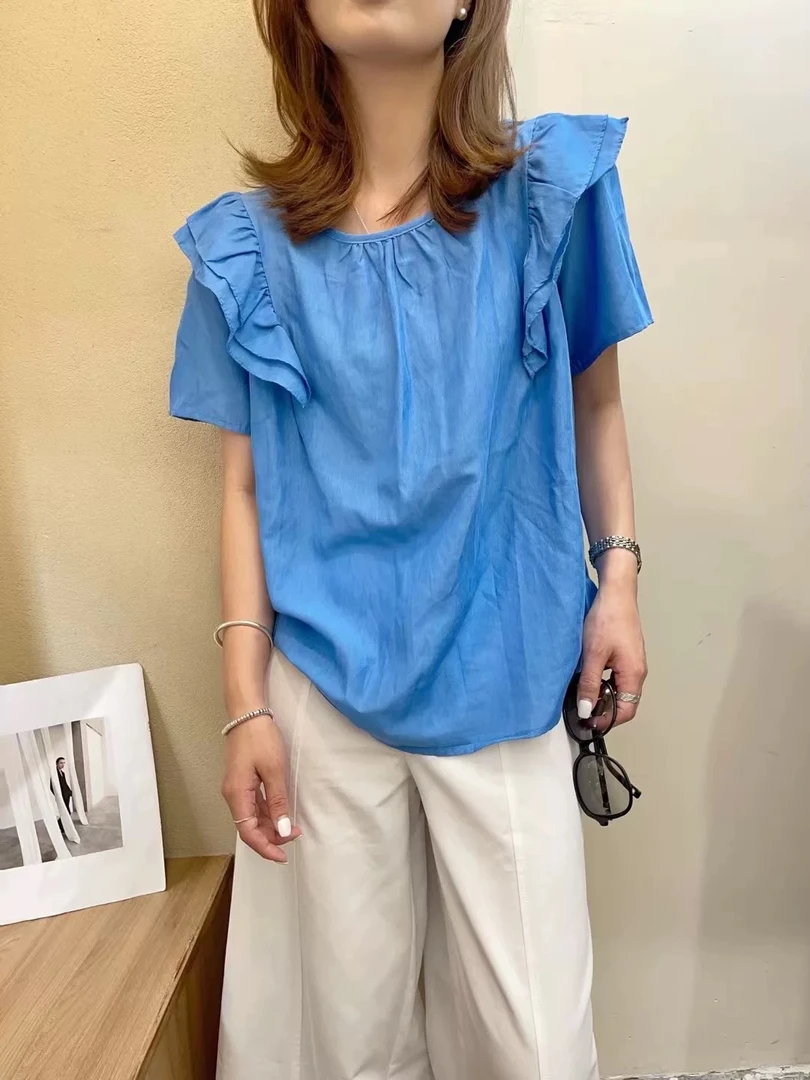 〔荷叶边短袖〕〔不可机洗〕法式荷叶边短袖宽松后系带上衣