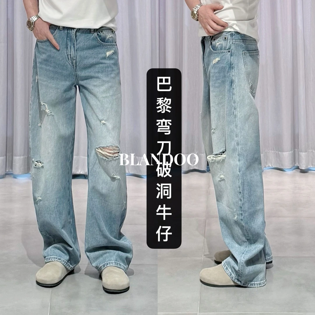 BLANDOO “弯刀破洞” B*家风格水洗蓝磨白牛仔裤7BD908