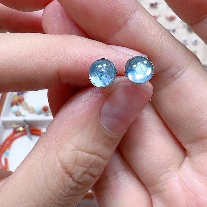 海蓝宝石耳坠银S925镶嵌耳钉