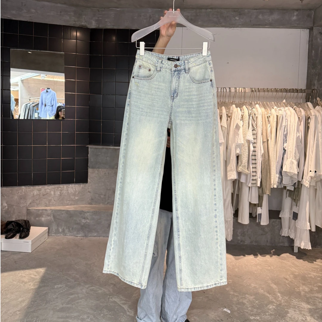 【清】逸语IN choose u笑笑家2025韩版复古洗水磨白直筒牛仔裤87681
