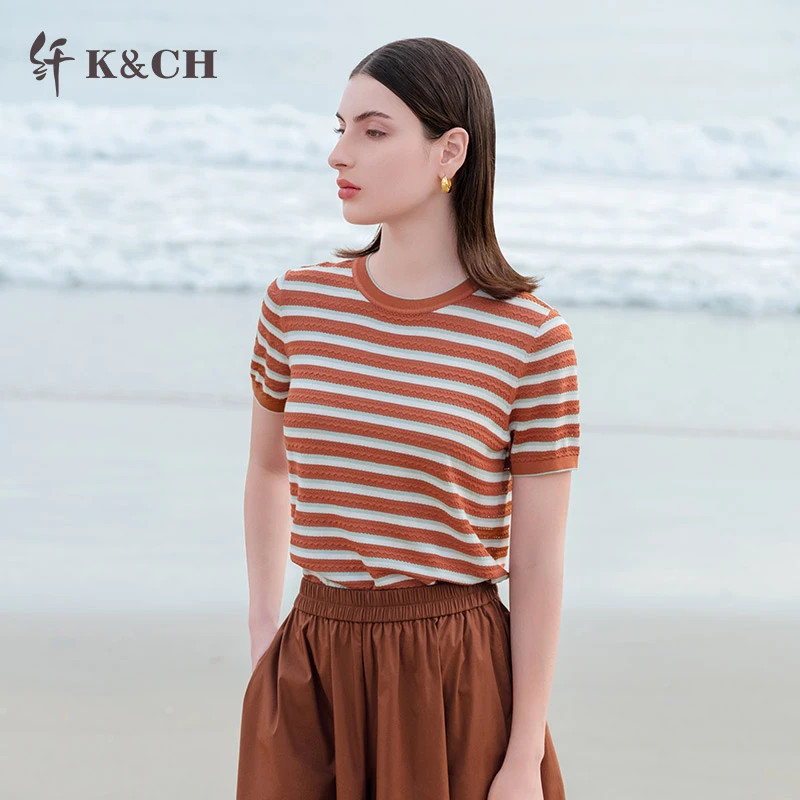 K&CH/纤圆领针织时尚撞色条纹圆领修身短袖针织衫上衣8462E860H1