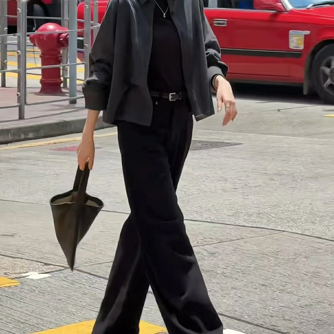 新款翻领短款外套高腰直筒裤女士时尚显瘦女装
