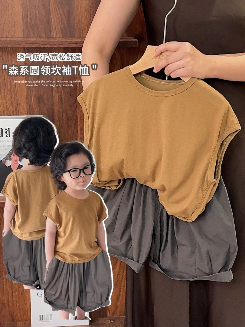 《夏上新》落肩无袖t恤夏装韩版男童白色短袖男女童25XL1193套装