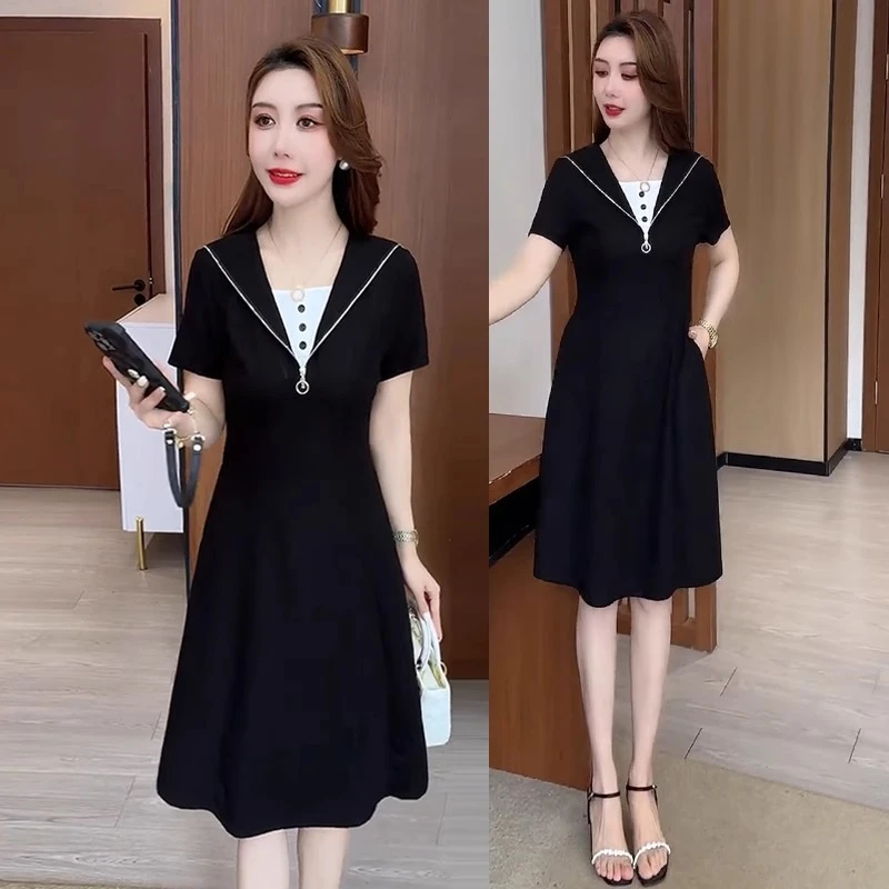 假两件短袖连衣裙女2025夏季新款洋气显瘦遮肚中长款拼接A字裙子