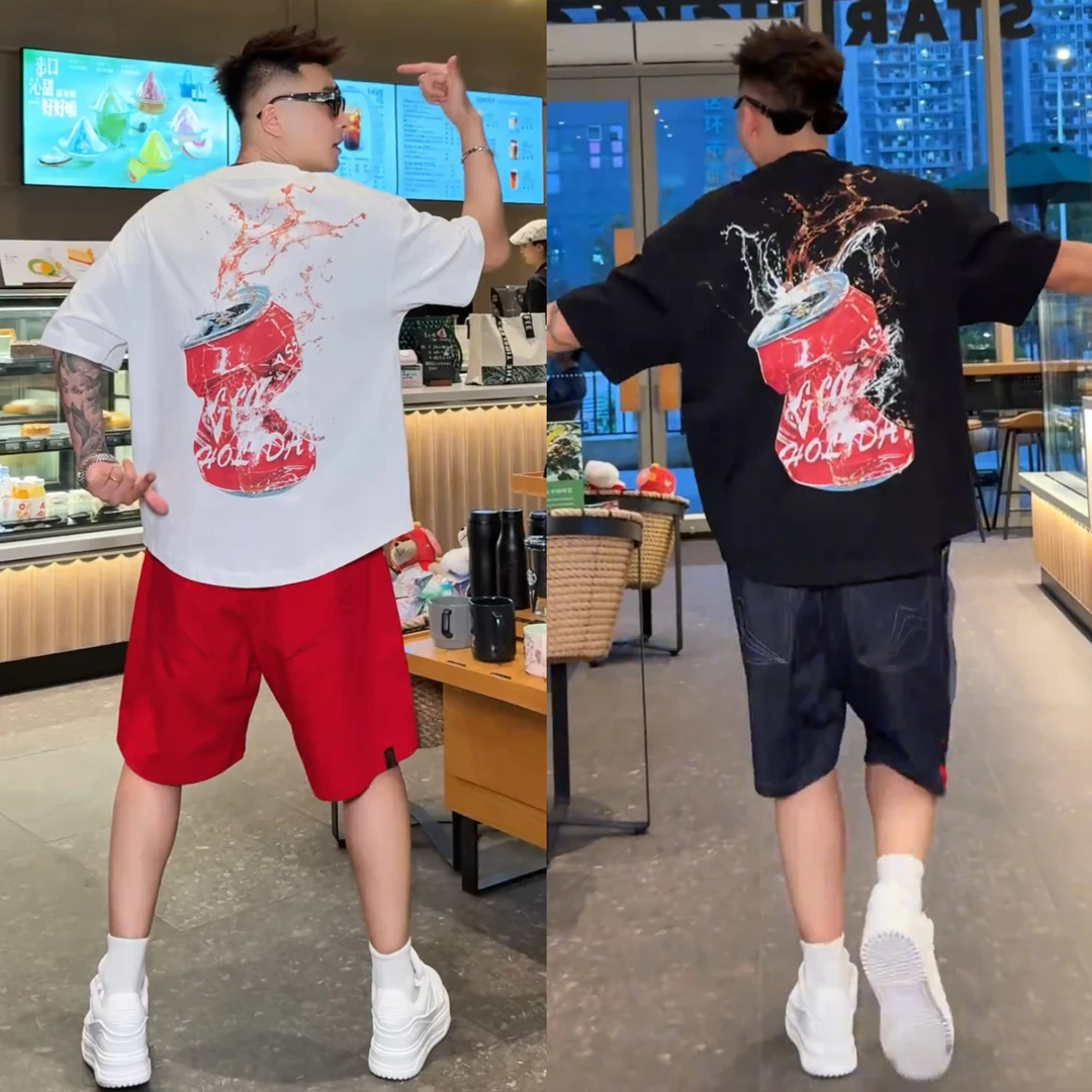 夏季新款潮牌印花短袖网面拼接穿搭短裤套装痞帅宽松两件套男