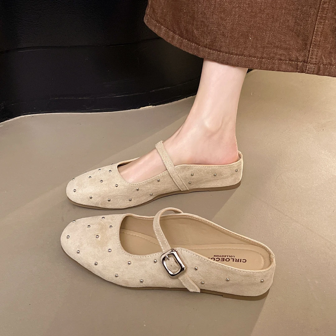 复古铆钉内增高包头半拖鞋女2025新款芭蕾风一脚蹬穆勒鞋女夏外穿