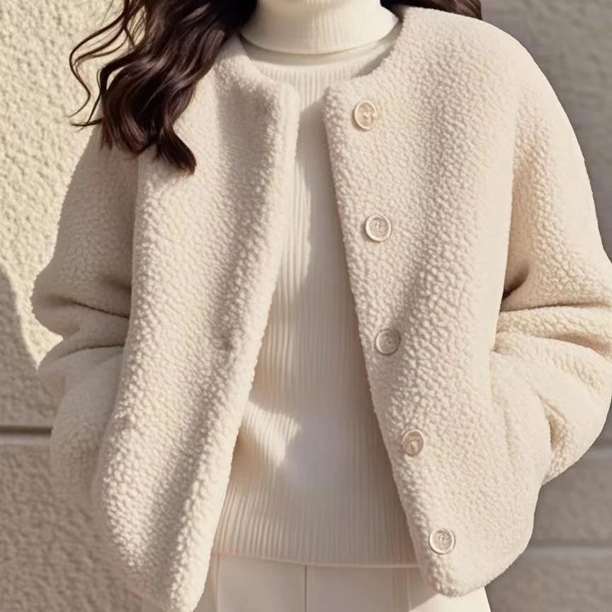 女冬季INS风女秋冬羊羔毛绒短外套女小个子圆领长袖漂亮毛毛上衣