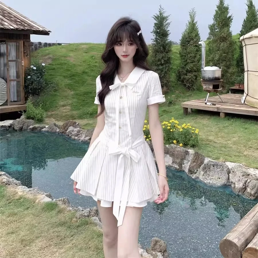 夏季新款韩系学院风女甜美气质温柔小众系带蝴蝶结收腰显瘦短裙子