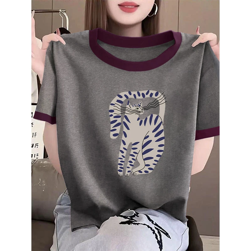 撞色正肩短袖T恤女ins时尚百搭洋气减龄藏青色上衣2025夏季潮牌