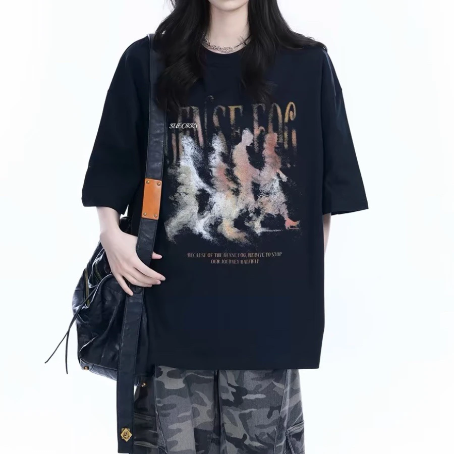 加大码300斤美式复古街头人影纯棉短袖t恤男女夏季宽松显瘦情侣装