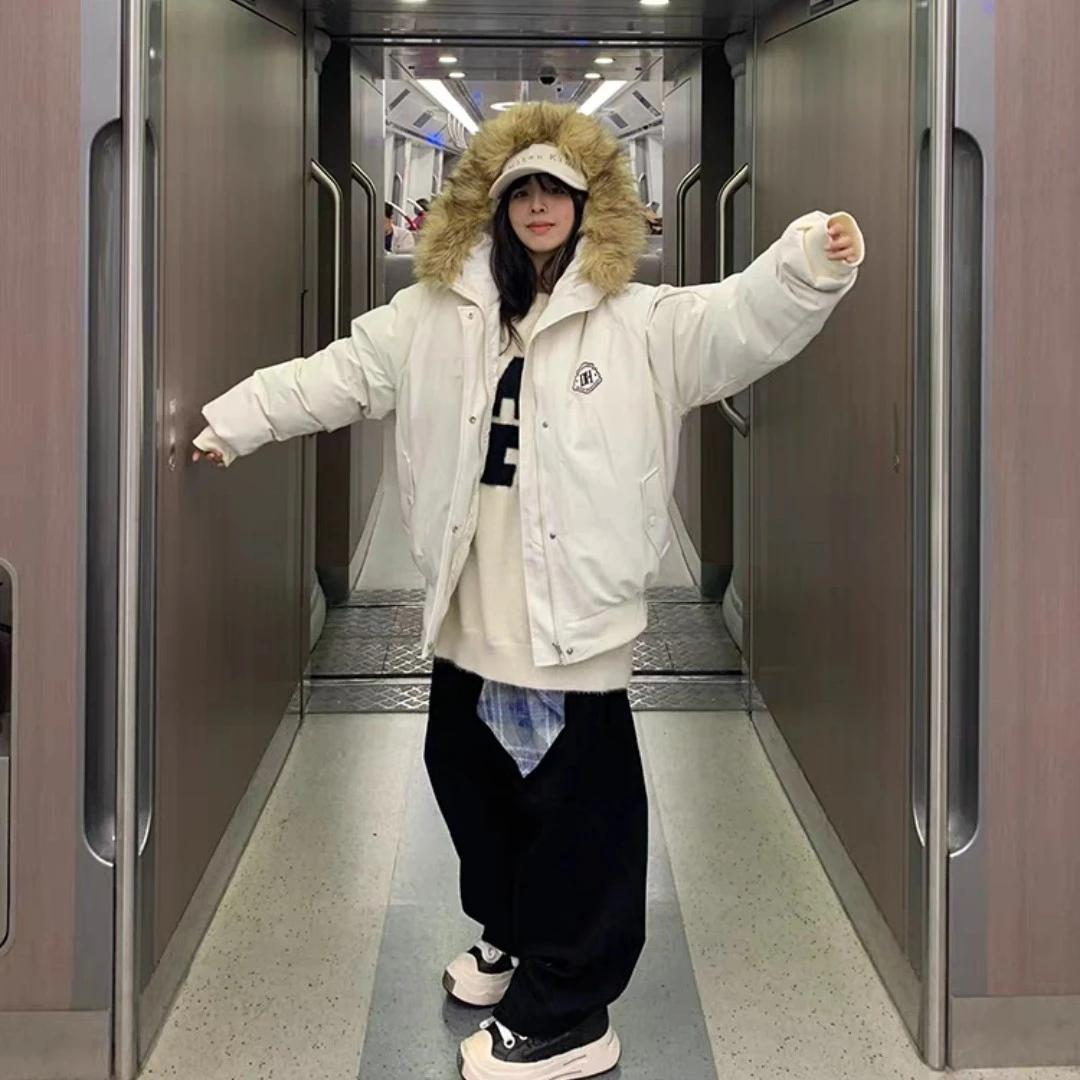 某宝2张！字母刺绣大毛领派克棉服男女冬季休闲工装宽松保暖棉衣潮