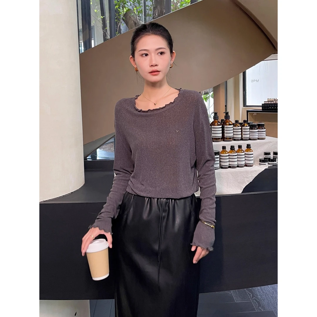 灰色打底衫2025新款女秋季高级感休闲木耳边长袖t恤内搭上衣时尚