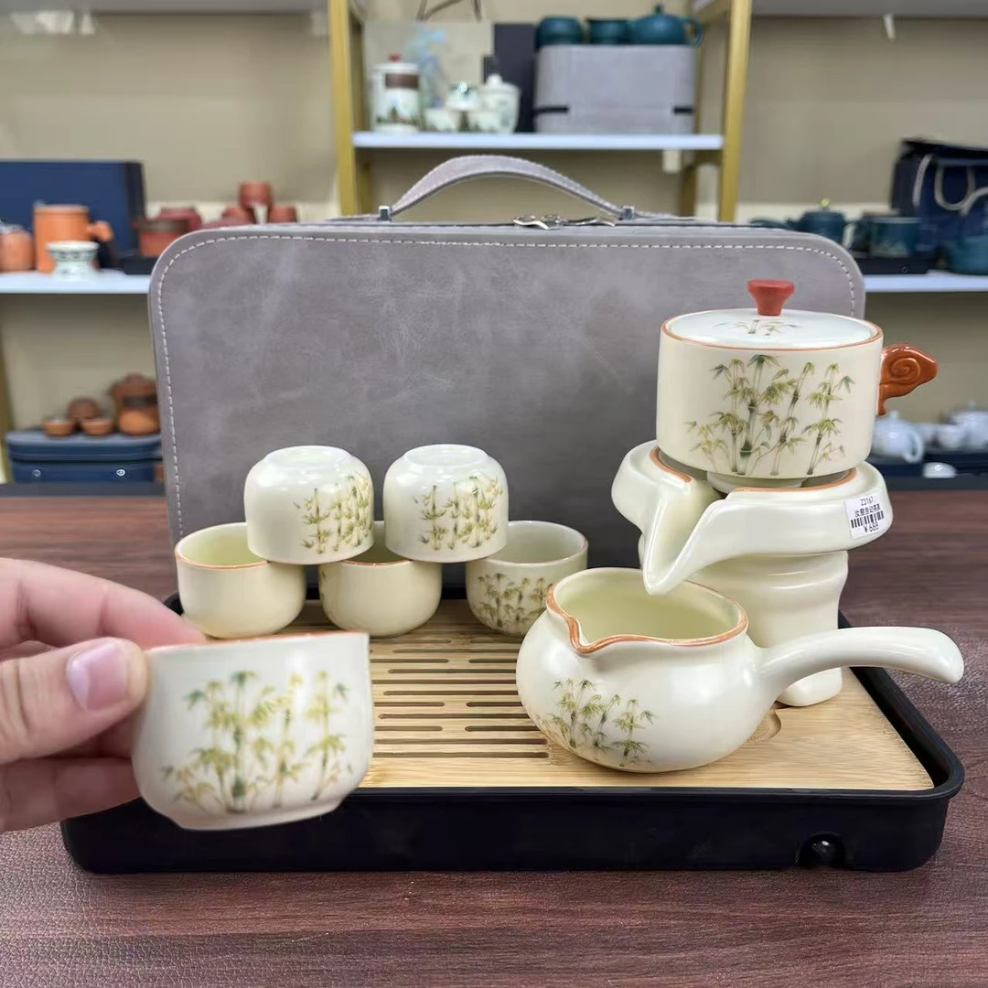 D1273汝窑金丝竹韵自动茶具公杯6杯(直口杯)长方竹盘棕茶巾茶夹