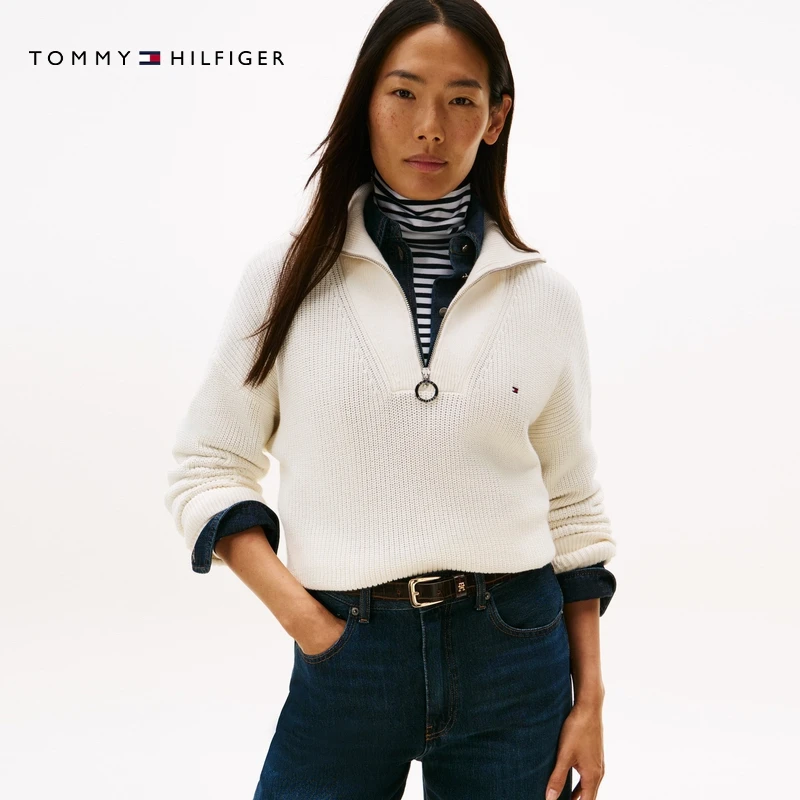 Tommy25新款秋冬女装纯棉优雅通勤半拉链POLO领套头针织衫05580