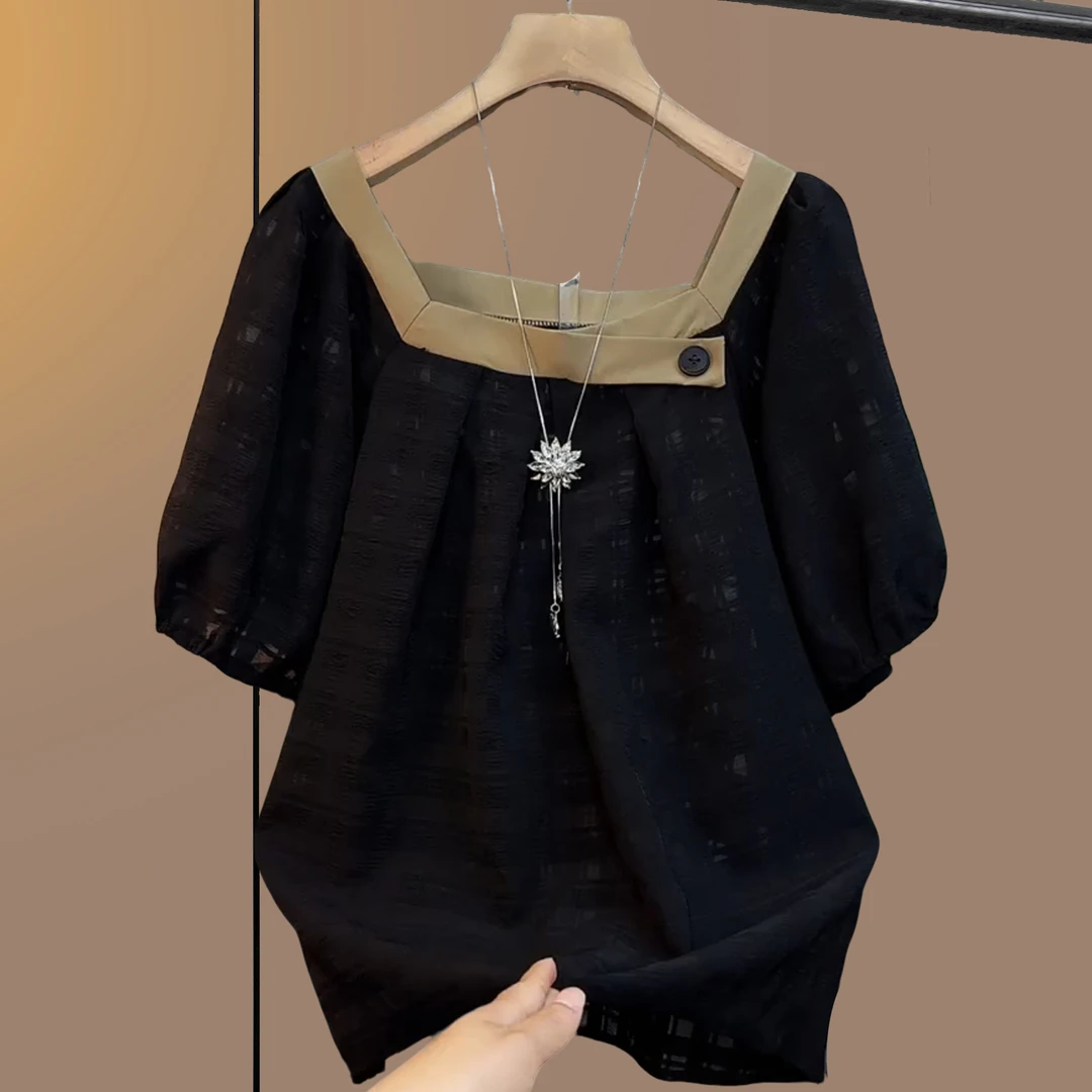 大码女装胖妹妹夏季短袖方领泡泡袖时尚复古中式气质风显瘦短袖