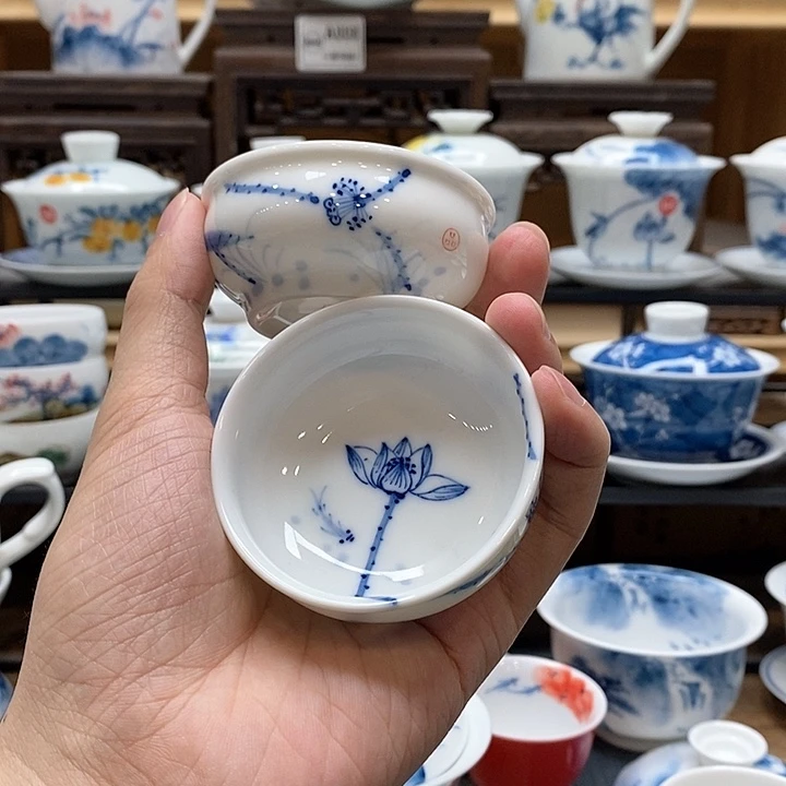 手绘2个装荷花内外绘客杯60cc釉下彩微瑕福利款