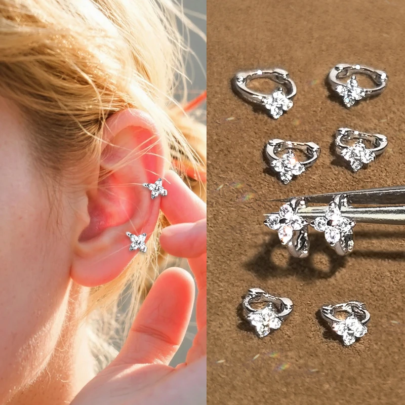 黄铜合成锆石耳饰 花朵925纯银针耳骨钉女耳圈圈圈养耳洞耳扣耳钉