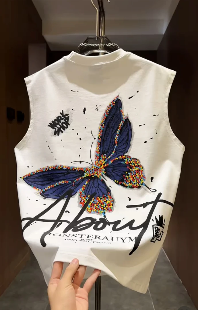 夏季新款男士潮牌印花无袖背心卡通美式纯棉百搭休闲运动坎肩T恤