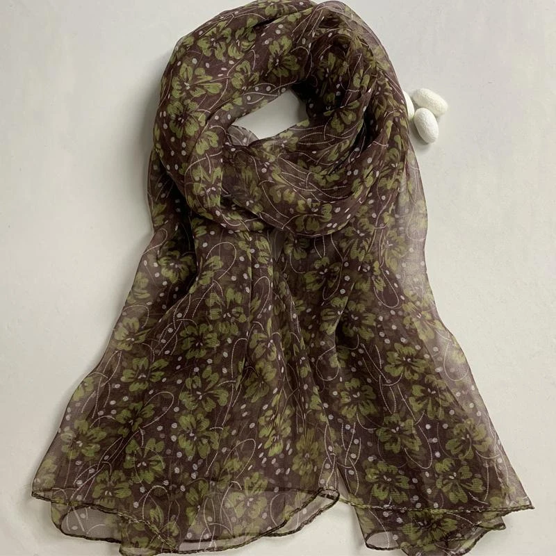 【咖绿碎花】杭州桑蚕丝薄款丝巾时尚百搭气质复古丝绸围巾披肩