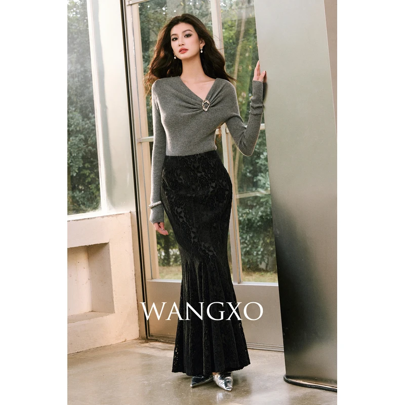 WANGXO 绒感腰果花蕾丝半裙2531091W