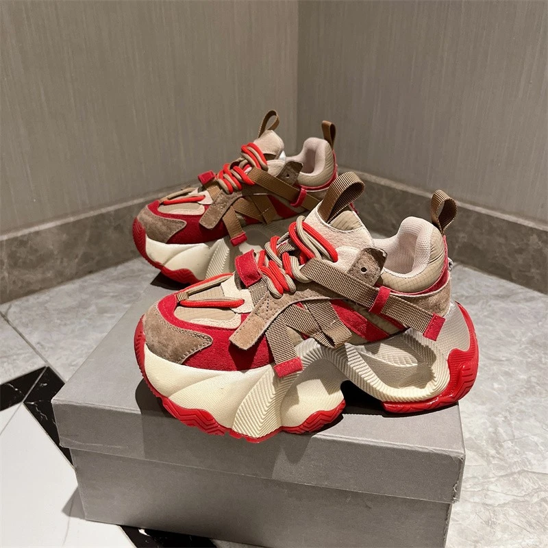 超火厚底老爹鞋女增高百搭真皮小个子韩版女鞋休闲鞋拼色2025新款