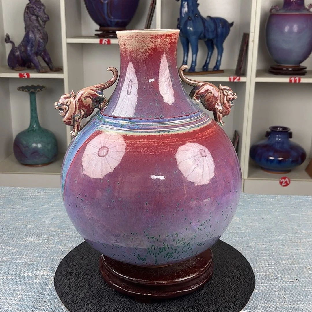 瓷片祥瑞瓶柴烧手拉坯大师作品