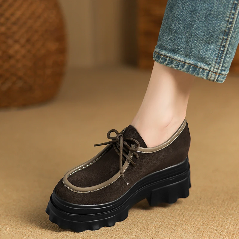 小个子内增高女鞋10cm坡跟厚底高跟鞋春秋深口系带圆头防水台单鞋