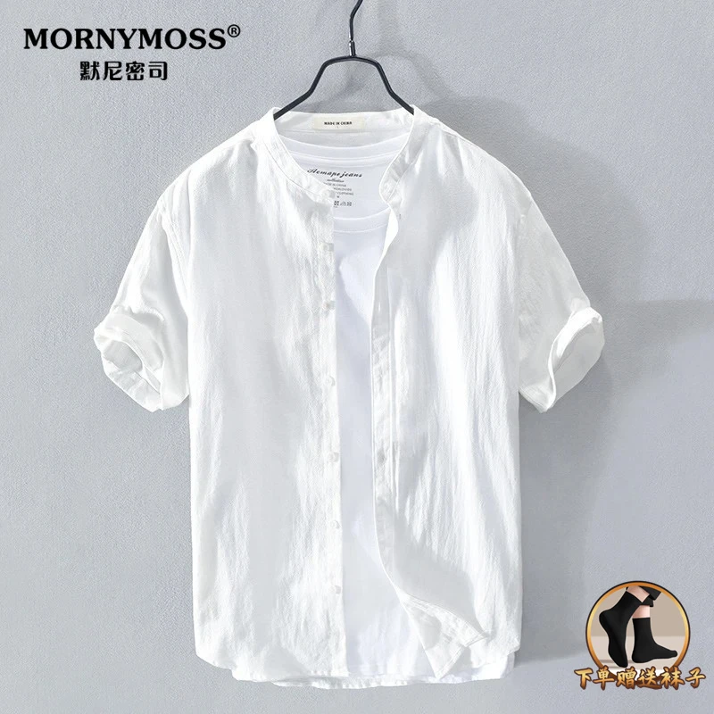 短袖棉麻衬衫男夏季凉感速干轻薄透气亚麻衬衣休闲立领宽松上衣