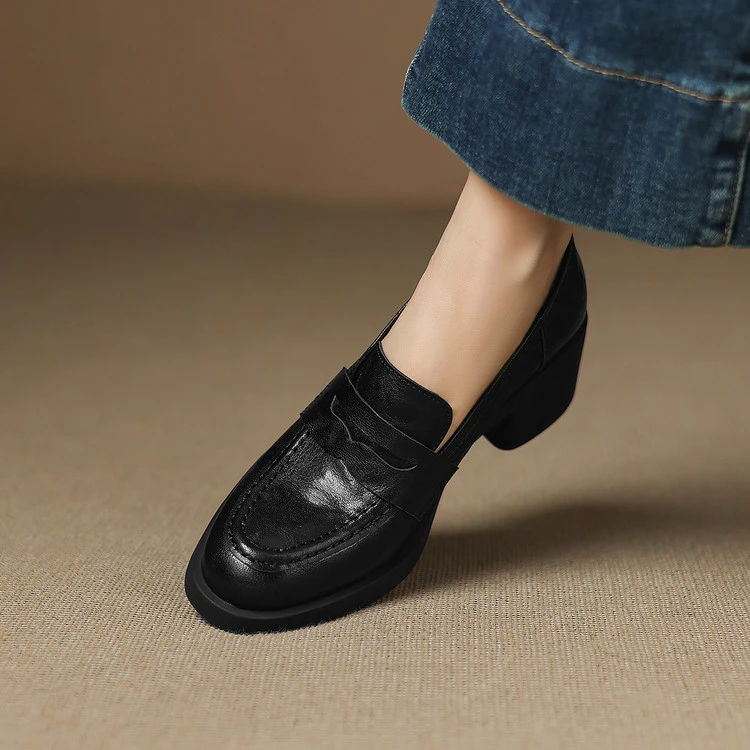 VICEN FIFI5cm一脚蹬懒人乐福鞋女粗跟英伦风小皮鞋百搭深口单鞋