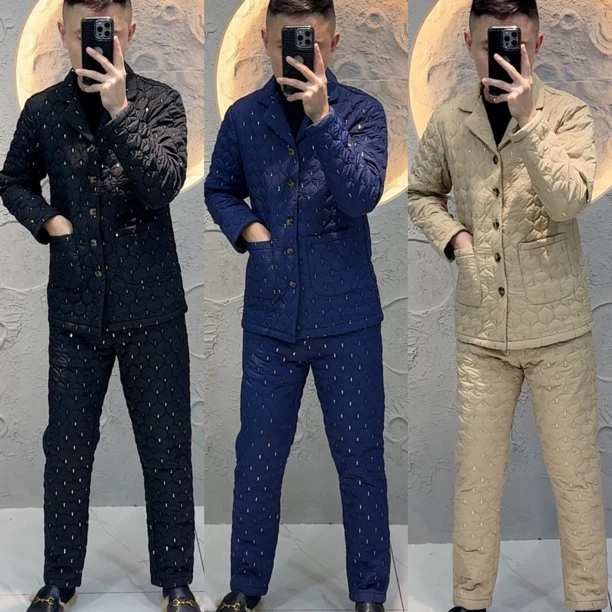 【1939薄棉加绒】冬季夹棉加绒秋冬韩版家居服睡衣套装男士休闲保暖