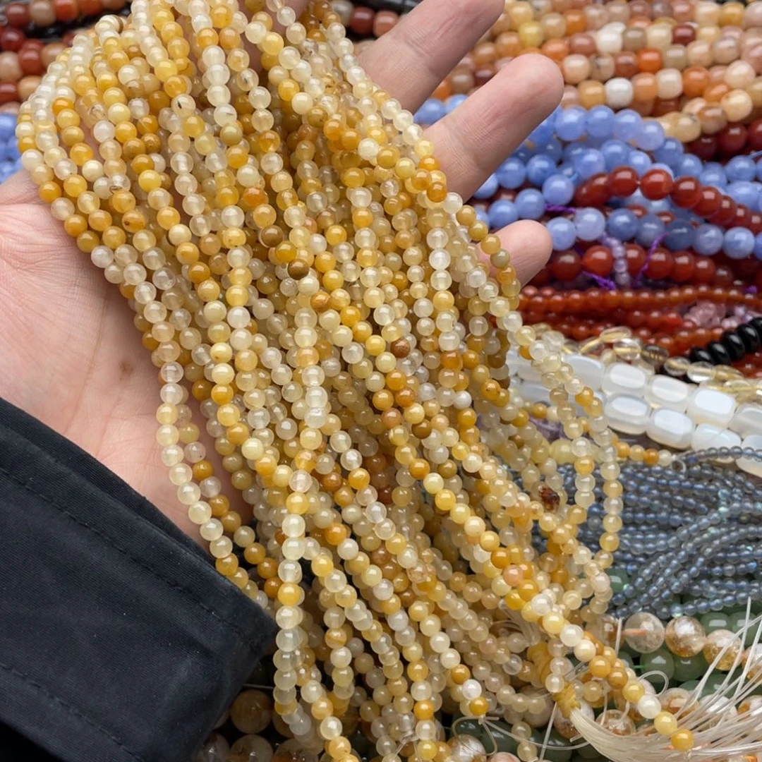 玛瑙/玉髓珠宝半成品未镶嵌三条装4mm金丝玉圆珠