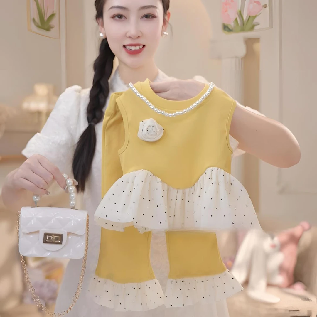 女波点千金风常规薄款夏季套装时尚公主阔腿裤女宝拼接洋气套装潮