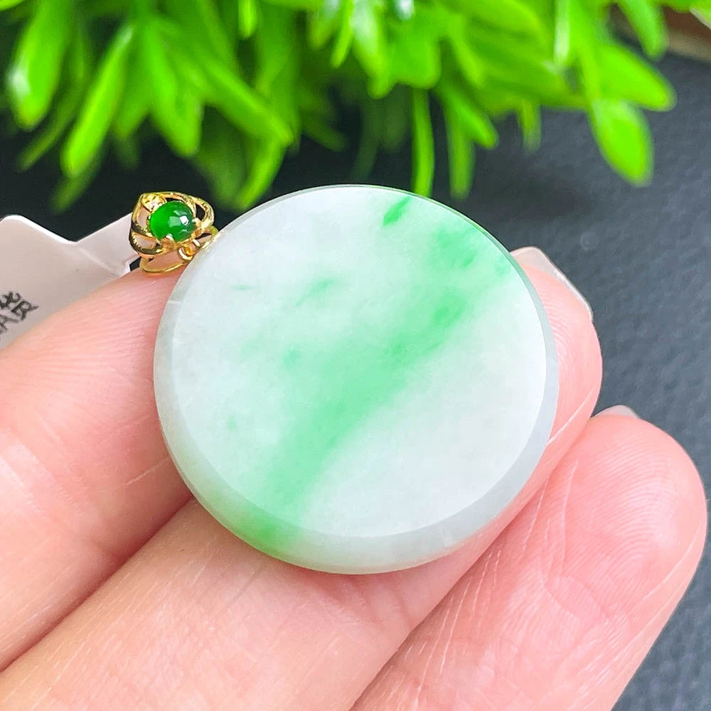 财财翡翠天然A货翡翠冰润起胶飘阳绿花无事牌吊坠饱满揭阳手工雕