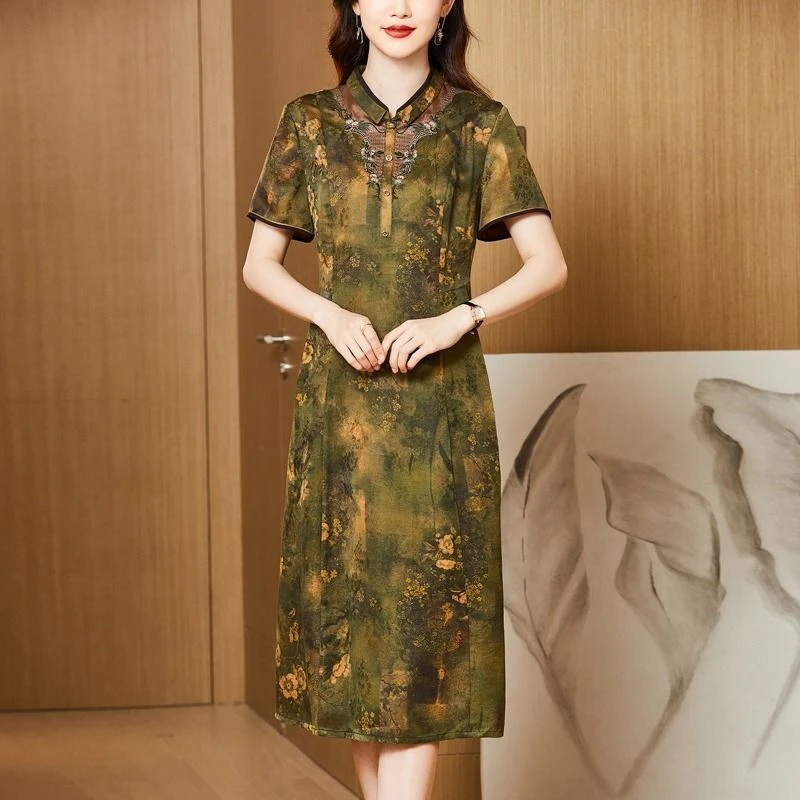 桑蚕丝妈妈旗袍连衣裙正品香云纱喜婆婆婚宴装平时可穿新中式国风