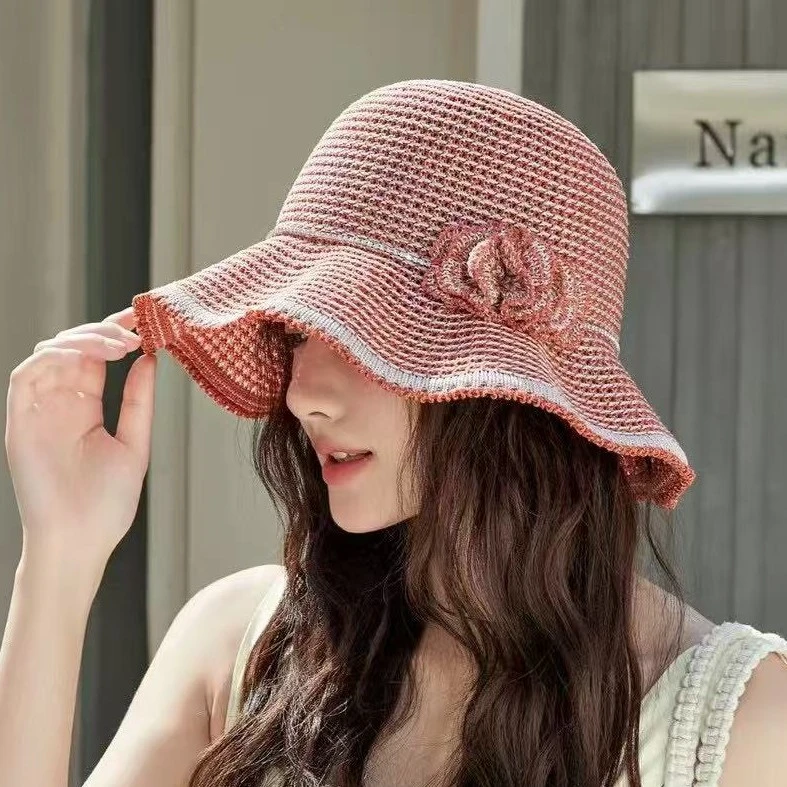 中老年编织镂空渔夫帽夏季出游透气妈妈遮阳帽时尚花朵遮阳盆帽